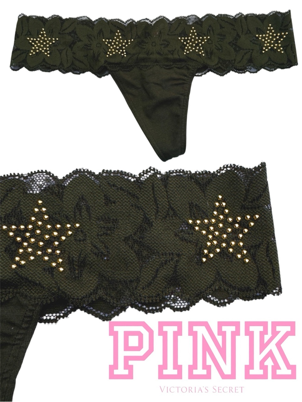 VS PINK Green Lace Gold Bling Star Thong NEW